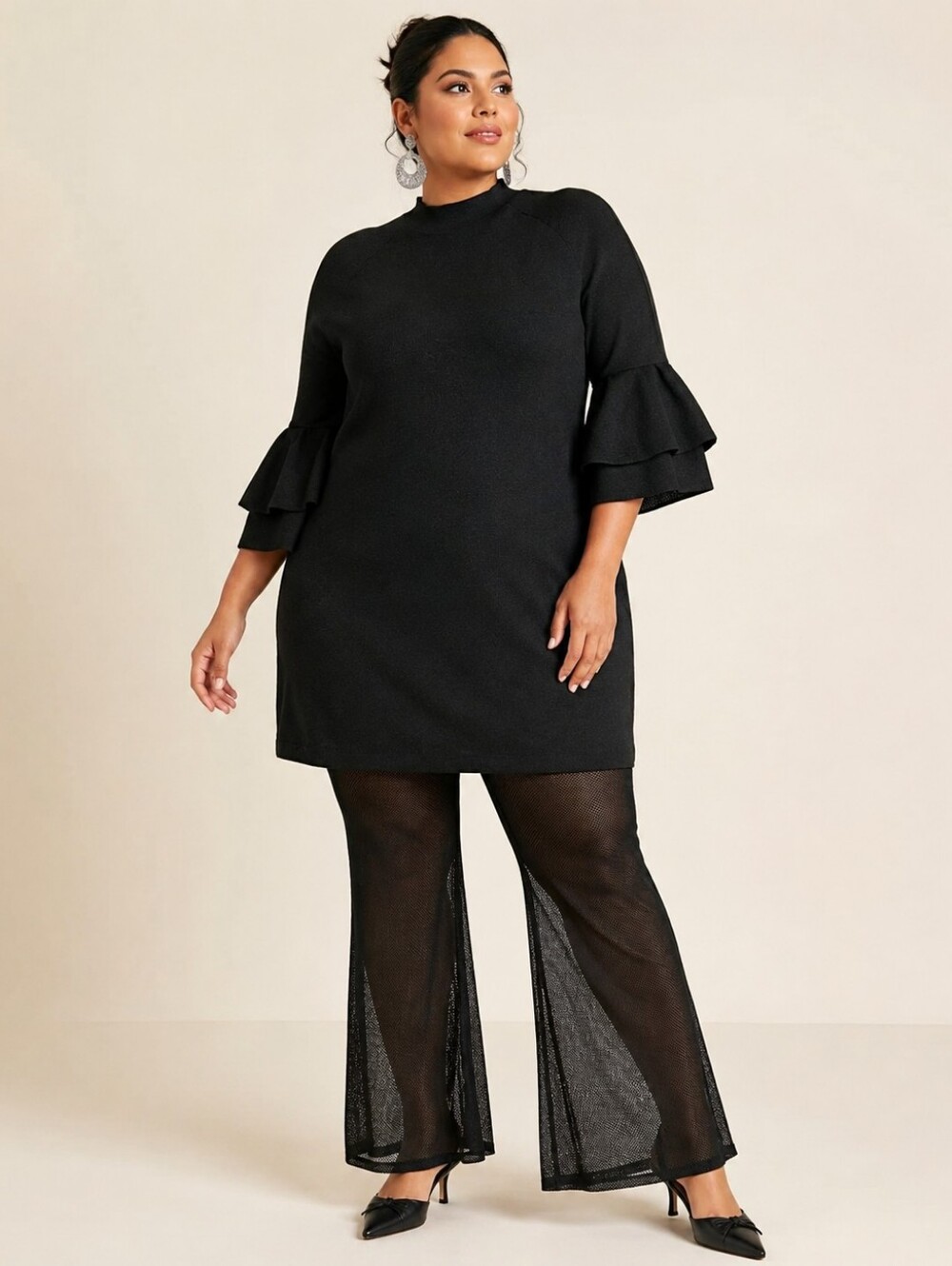 Anthropologie Plus Size 1X,Claudette Ruffled Sleeve Sweater Tunic/Dress,Black ✨️